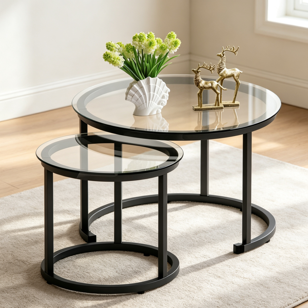 Black Metal Glass Nesting Coffee Table Set of 2 23 6 Inch